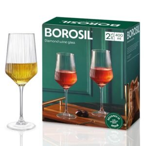 Borosil 400ml x 2pc Diamond Wine Glass Set | Wine Glasses for Red & White Wine, Cocktails & Mocktails | Elegant Glassware for Home, Parties & Gifting