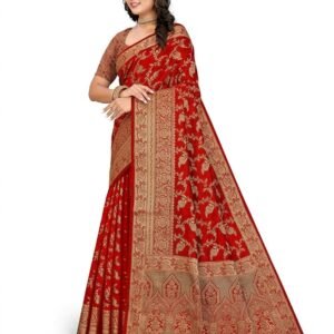 Women's Banarasi Silk Saree With Blouse Piece - Full Jacquard Gold Zari Work - Red Bridal Wedding Saree - 6.10m Saree + 0.80m Unstitched Blouse - Traditional Festive Saree