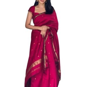 Printed Banarasi Cotton Silk Saree with Gold Zari Border & Unstitched Blouse Piece – Ethnic Saree for Weddings & Festivals