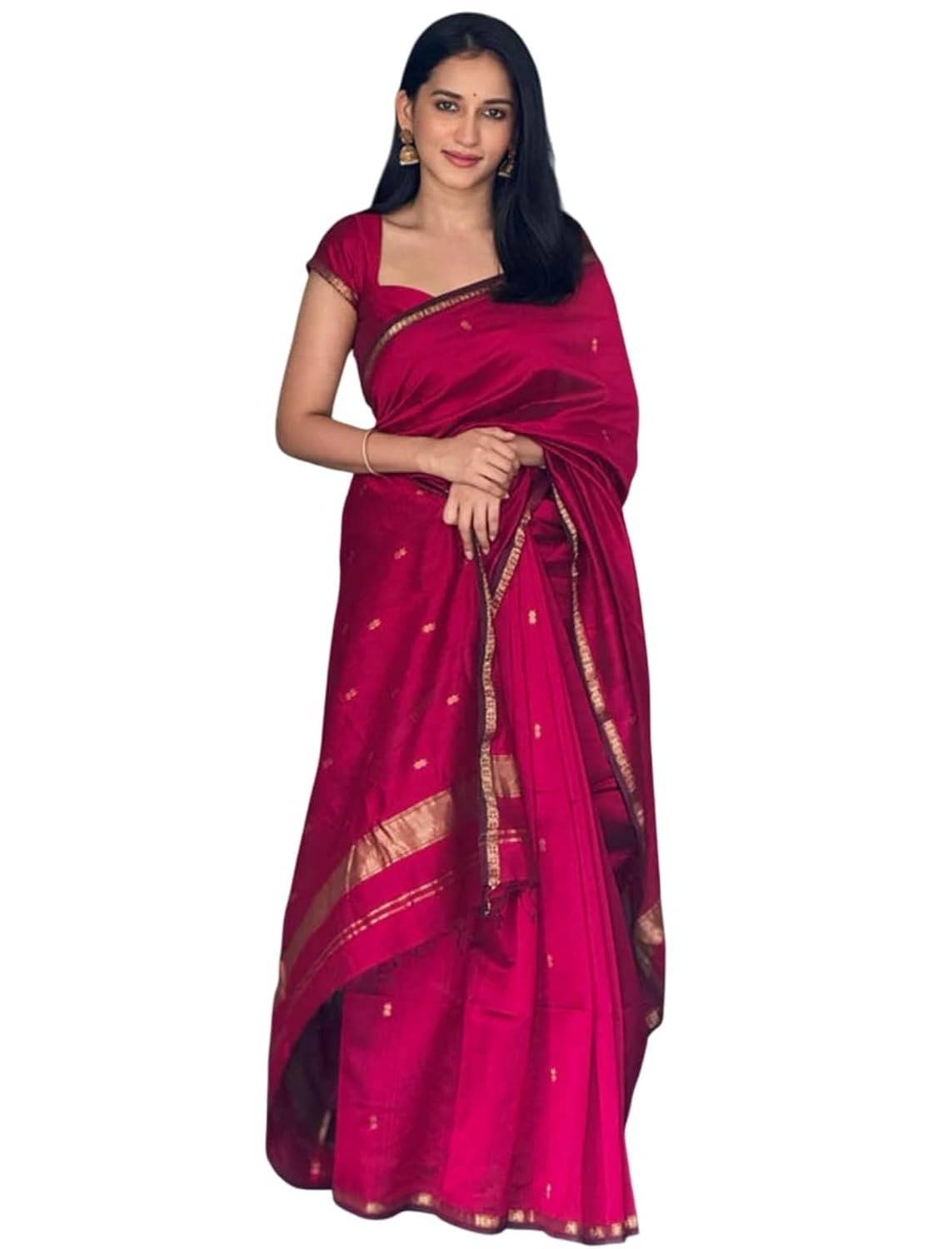 Printed Banarasi Cotton Silk Saree with Gold Zari Border & Unstitched Blouse Piece – Ethnic Saree for Weddings & Festivals