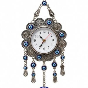 Evil Eye Wall Clock for Home Décor, 12 Inch Decorative Hanging Clock with Blue Nazar Design, Metal Wall Art with Hanging Charms, Boho Ethnic Wall Decoration for Living Room, Bedroom & Office