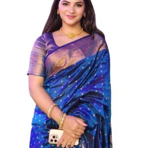 Women's Royal Blue Banarasi Silk Saree with Gold Zari Woven Motifs and Rich Contrast Border | Traditional Indian Ethnic Wear for Wedding, Festive & Party Occasions