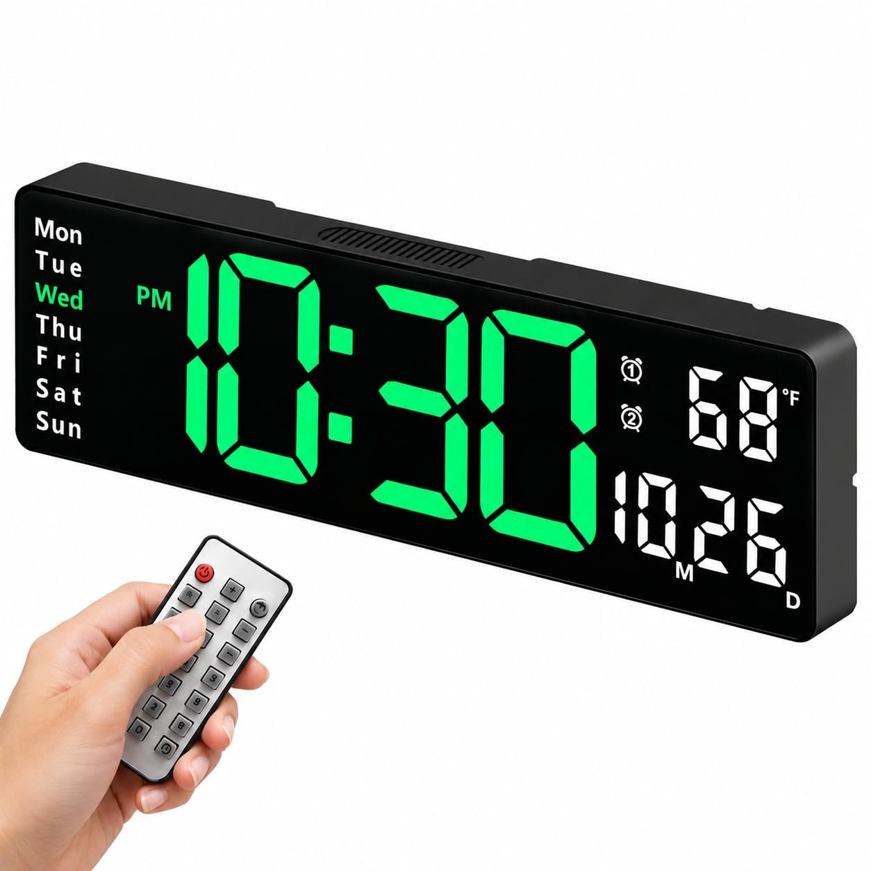 Allova Plastic Digital Wall Clock Large Display, 16.2 Inch Large Wall Clocks, Led Digital Clock with Remote Control/Automatic Brightness Dimmer Big Clock with Date Week Temperature (Green White)