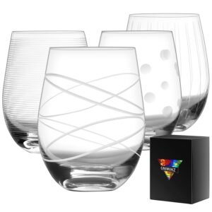 Stemless Wine Glasses for Red or White Wine (Set of 4), 18-Ounces, Large Wine Glasses for Cabernet, Pinot Noir, Burgundy, Bordeaux, Clear, Etched