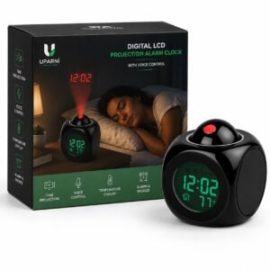 Digital LCD Projection Alarm Clock with Voice Control, LED Display Weather Station, Temperature Monitor, Time Projector Clock for Bedroom, Office, Study Table and Nightstand - Black