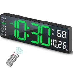 Digital Wall Clock with Remote Control, Large LED Display for Living Room, Auto Dimming, Countdown Timer, Temperature & Calendar, 12/24 Hour Format, ABS Design (Black Case + Green Digit, 13.2 iNCH)