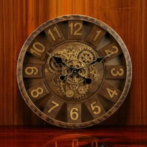 Ash & Roh® Vintage Design Round Wall Clock with Classic Number Dial, Decorative Open Gear Look, Silent Quartz Movement, Elegant Clock for Living Room,Office, Home Decor & Gifting (BROWN-16 INCH)