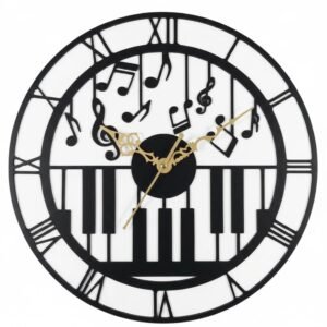 Maestro's Music Wall Clock, 12 Inches, Silent Quartz Movement, Piano Keys & Musical Notes Design, Black Wood