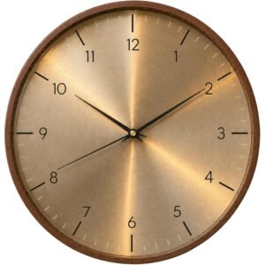 Ash & Roh12 Inch Woodgrain Silent Wall Clock, Wall Clocks Battery Operated with Large Numbers, Non Ticking Analog Decorative Wall Clocks for Living Room Bedroom Office (Champagne Gold Walnut)