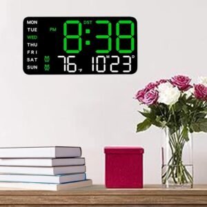 9" LED Digital Wall Clock with Date, Day & Temperature – Dual Alarm, Adjustable Brightness, USB Powered – Large Display for Bedroom, Office & Home Decor (Green)