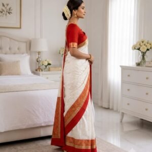Off White Banarasi Silk Saree for Women with Red Border, Gold Zari Buti & Designer Woven Pallu | Ethnic Wear, Wedding & Festival Saree