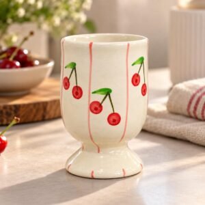 Handcrafted Ceramic Goblet Glass, Hand Painted Fruit Design, Footed Drinking Glass, Vintage Style Ceramic Cup, Set of 1