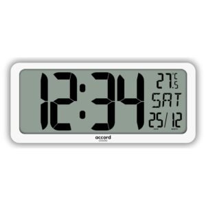 Auto Light Large Digital Wall Clock 14 Inch - Battery Operated (No Wires), Big Display with Alarms, Day & Date (Indian Format), Room Temperature -Plastic,White (with Backlight)