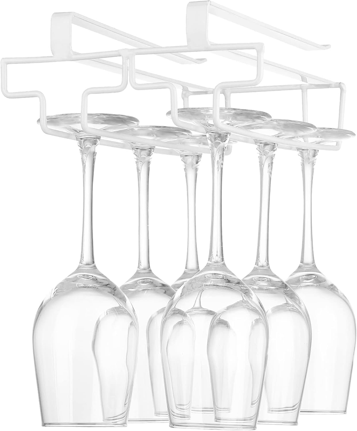 Eminence Lifestyle Wine Glass Holder Hanging, No Drilling Required, Storage Rack, No Screws Required, Adjustable Shelf Thickness, Kitchen, White, 2 Rows, Metal