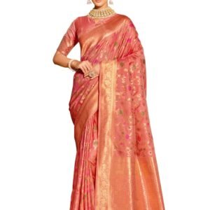 Banarasi Silk Saree with Golden Zari Floral Weaving | Soft Lightweight Traditional Saree for Women | Perfect for Festive Occasions, Gifting & Celebrations (Peach)