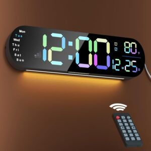 Large Digital Wall Clock 13.7’’ RGB LED Wall Clock with Remote Control, 9 RGB Ambient Light, 12/24H, USB Powered Alarm Clocks Auto Brightness Big Clock with Night Lights for Living Room Kitchen