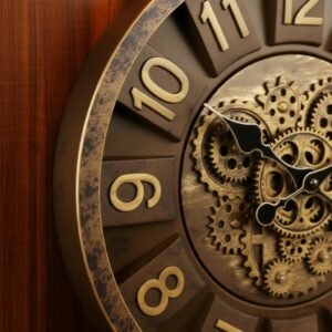 Vintage Design Round Wall Clock with Classic Number Dial, Decorative Open Gear Look, Silent Quartz Movement, Elegant Clock for Living Room,Office, Home Decor & Gifting. (Brown - 16 inch)