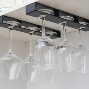 HOME CUBE 2 Pc Adhesive Wine Glass Rack, Under Cabinet Hanging Stemware Organizer, No Drilling Holder for Bar Kitchen, Hanging Shelves