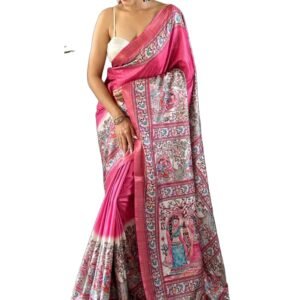 Pandadi Saree Women's Tussar Silk Madhubani Printed Saree With Unstitched Blouse Piece