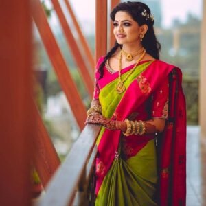 Women's Banarasi Soft Silk Saree | Pink & Parrot Green Traditional Woven Saree with Zari Work |