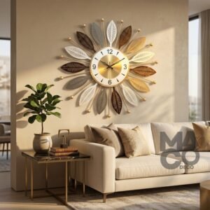 Big Size Sunburst Design Wall Clock for Hall, Modern Gold Tone Dial Silent Analog Clock for Living Room, Bedroom, Stylish Decor