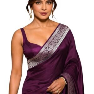 Banarasi Satin Silk Saree with Silver Zari for Women | Pure Designer Sari | Wedding Party Traditional Outfit | Latest Ethnic Fashion Bollywood Style