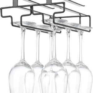 Eminence Lifestyle Wine glass holder hanging, no drilling required, storage, no screws required, adjustable shelf thickness, kitchen, Black 2 rows