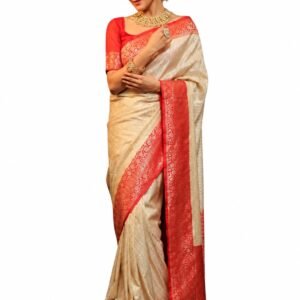 Women's Cream Banarasi Silk Blend Saree with Red Zari Woven Border