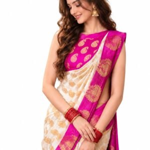 Womens Soft Banarasi Silk Saree with Rich Contrast Zari Border | Traditional Puja Special Saree for Durga Puja, Navaratri, and Weddings | With Unstitched Blouse Piece