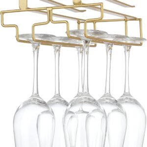 Eminence Lifestyle Wine glass holder hanging, no drilling required, storage, no screws required, adjustable shelf thickness, kitchen, Gold 2 rows
