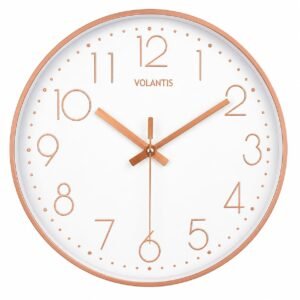 VOLANTIS Plastic 12 Inch Modern Stylish Non Ticking Silent Analog Wall Clock For Home, Living Room, Bedroom, Office, And Kitchen (White & Rose Gold)