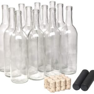 North Mountain Supply 750ml Glass Bordeaux Wine Bottle Flat-Bottomed Cork Finish - with #8 Premium Natural Corks & PVC Shrink Capsules - Case of 12