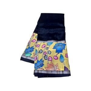 Handloom Mangalagiri Silk Cotton Saree | Traditional South Indian Handloom Style Draping Wear | Kalamkari Print Applique Border | Elegant Woven Ethnic Saree for Women (Black & Yellow)
