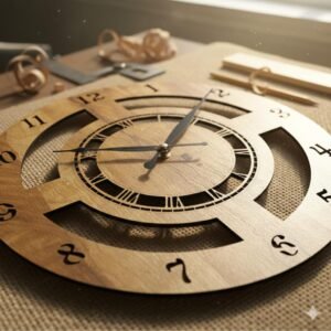 Silent Wood Wall Clock | 12-Inch Laser Cut Decorative Roman Numeral Rustic Farmhouse Non-Ticking Kitchen Clock