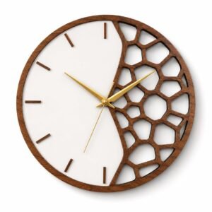 Modern Wooden Wall Clock 12 Inch Silent Quartz Decorative Wall Clock with Golden Hands Honeycomb Cut-Out Design for Living Room, Bedroom & Office