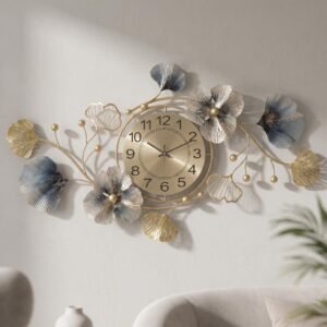 Metal Analog Wall Clock - Floral Design with Silent Sweep Machine - Ideal Home Decor Items and Wall Decoration Items for Living Room/Bedroom/Cafes/Hotels, 76.2x55.9 cm, Blue, Golden