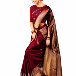 Womens Banarasi Kanjivaram Silk Saree | Heavy Zari Woven Jacquard Border and Pallu | Includes Blouse Material