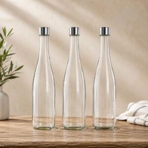 750 ml Clear Glass Wine Bottle, Stretch Hock Style with Metal Cap, Empty Liquor Bottle for Beverages, Juice and DIY Drinks, Pack of 3