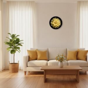 Stunning Yellow Flower Wall Clock for Living Room Decor | Round Analog Silent Non-Ticking Clock with Black Frame | Floral Nature Watch for Bedroom, Kitchen & Office | High Contrast Modern Design