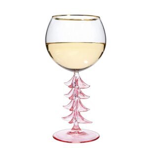 Pink Christmas Tree Wine Glass by The Wine Savant - Hand Blown Crystal Bordeaux Gilded Colored Glassware, Cheerful Holiday Party Festive Winter Unique Home Bar Gift for Xmas, Wedding, Anniversary