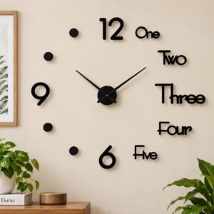 18 Inch DIY Acrylic Wall Clock | Modern Number & Word Design | Silent Frameless Self Adhesive Decorative Wall Clock for Living Room, Bedroom, Office & Home Decor | Black