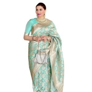 Banarasi Soft Silk Saree for Women, Aqua Mint Green Woven Saree with Floral Zari Design and Designer Border