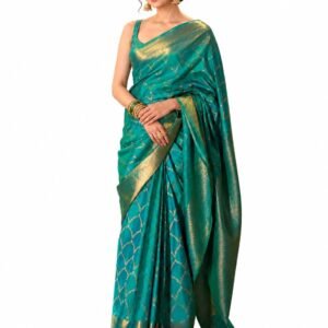 Womens Silk Banarasi Saree | Woven Zari Pattern and Solid Border | Includes Blouse Material