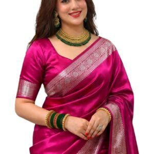 Women's Silk Saree, Magenta, Zari Border, Banarasi Weave with Blouse Piece
