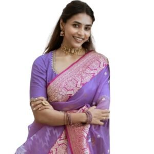 Lavender Banarasi Soft Silk Saree for Women | Elegant Silver Zari Border and Traditional Weaving Women's Designer Purple Silk Saree with Rich Banarasi Zari Work