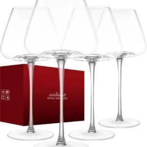 Set of 4 Hand Blown Wine Glasses for Pinot Noir, Bordeaux, Large Lead Free Glass Glasses with Unique Design for Red and White Wine