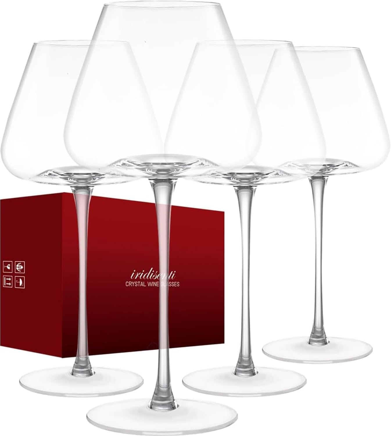 Set of 4 Hand Blown Wine Glasses for Pinot Noir, Bordeaux, Large Lead Free Glass Glasses with Unique Design for Red and White Wine