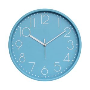 Amazon Brand - Solimo 12-Inch Quartz Plastic Analog Wall Clock | Silent Sweep Movement | Pastel Shade | Embossed Numbers | Glass Cover | Sea Blue | Contemporary Design
