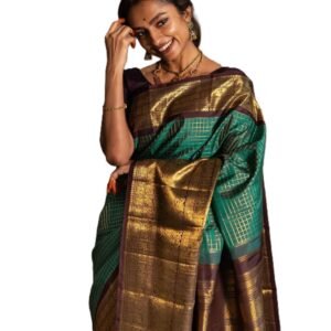 Flosive"Women's Traditional Kanjivaram Silk Saree with Gold Zari Checkered Pattern | Ethnic Wear Saree with Unstitched Blouse Piece - Bottle Green & Wine
