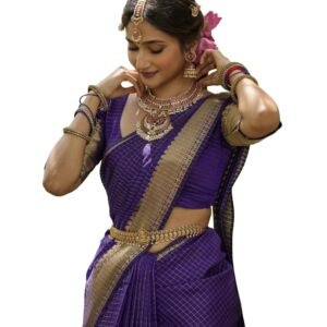 Royal Purple Banarasi Silk Saree with Gold Zari Checked Weave, Rich Woven Border, Matching Unstitched Blouse Piece